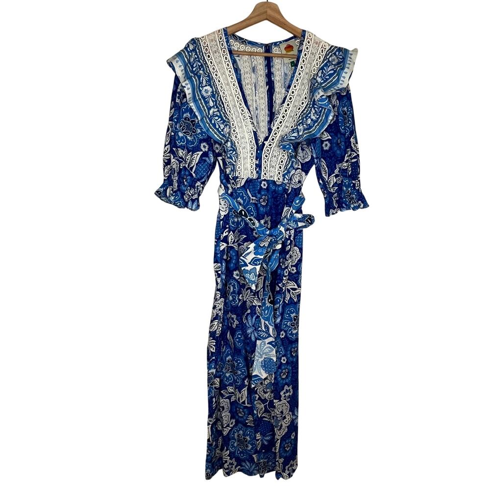Farm Rio Floral Linen Jumpsuit Tropical Puff Sleeve Women Medium NWT Blue White - Picture 3 of 10
